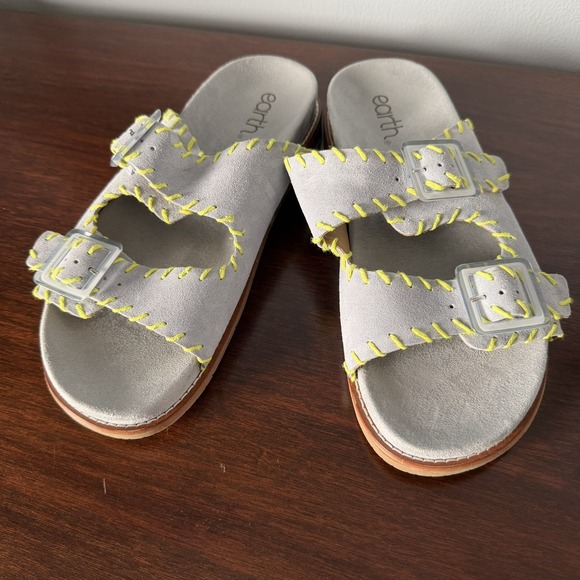 Earth Fausto Contrast Stitched Double Band Slip On Sandals Blue Suede Size 10 - Picture 2 of 6